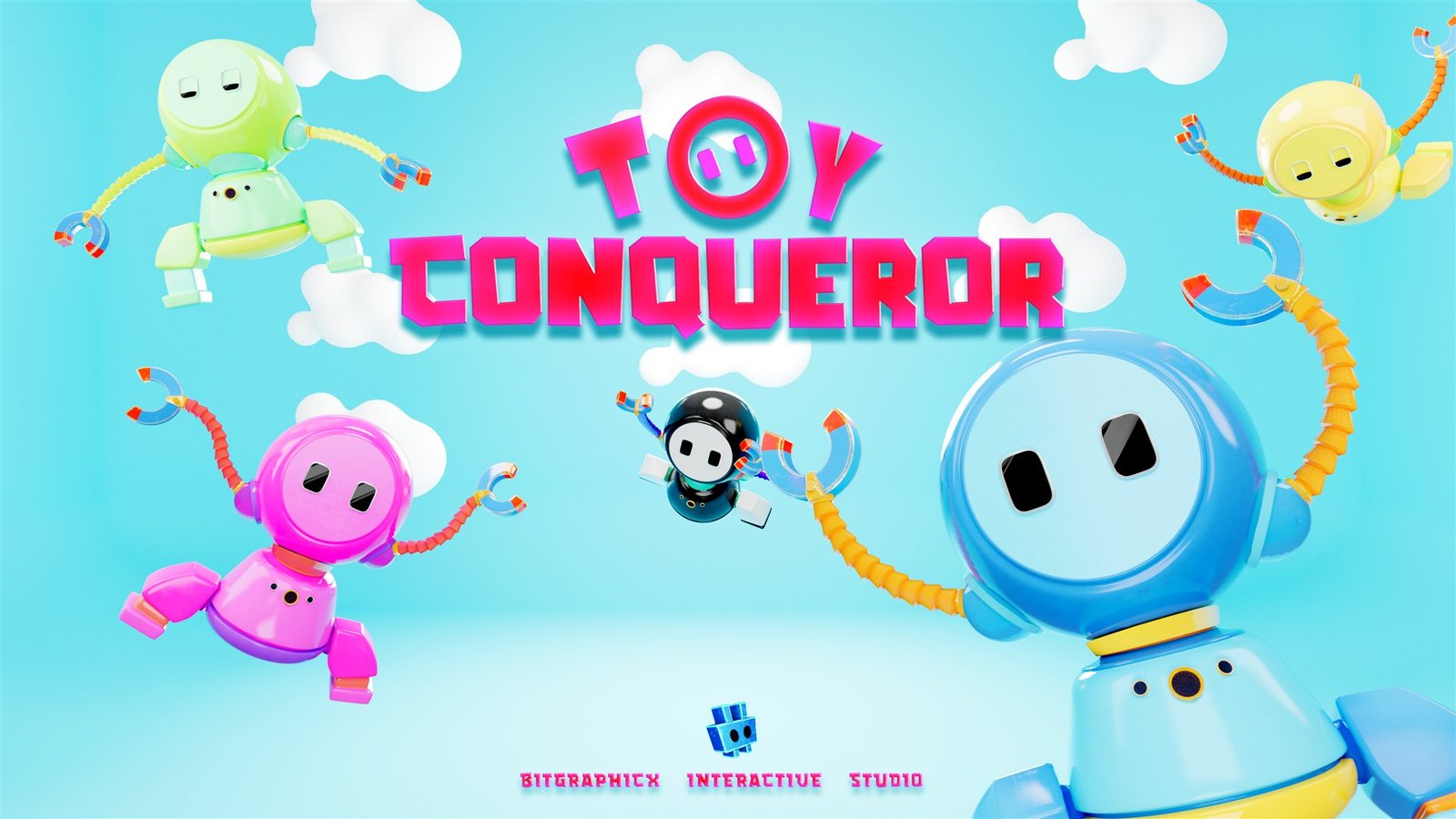 Colorful Toy Conqueror robot characters floating against a bright cyan sky